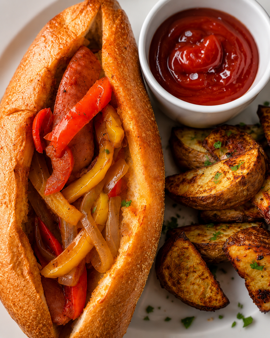Sausage & Pepper Sandwiches with Zesty Potato Wedges