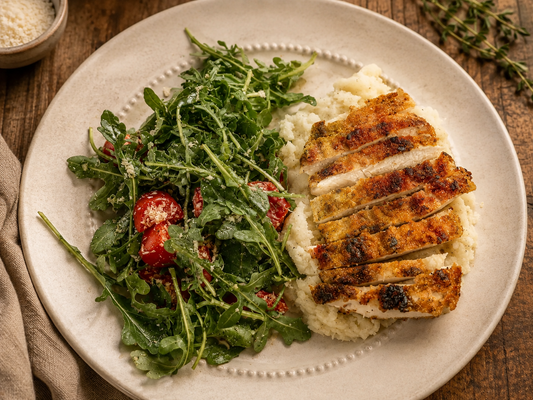 Crispy Chicken Milanese with Ranch Potatoes and Arugula Salad