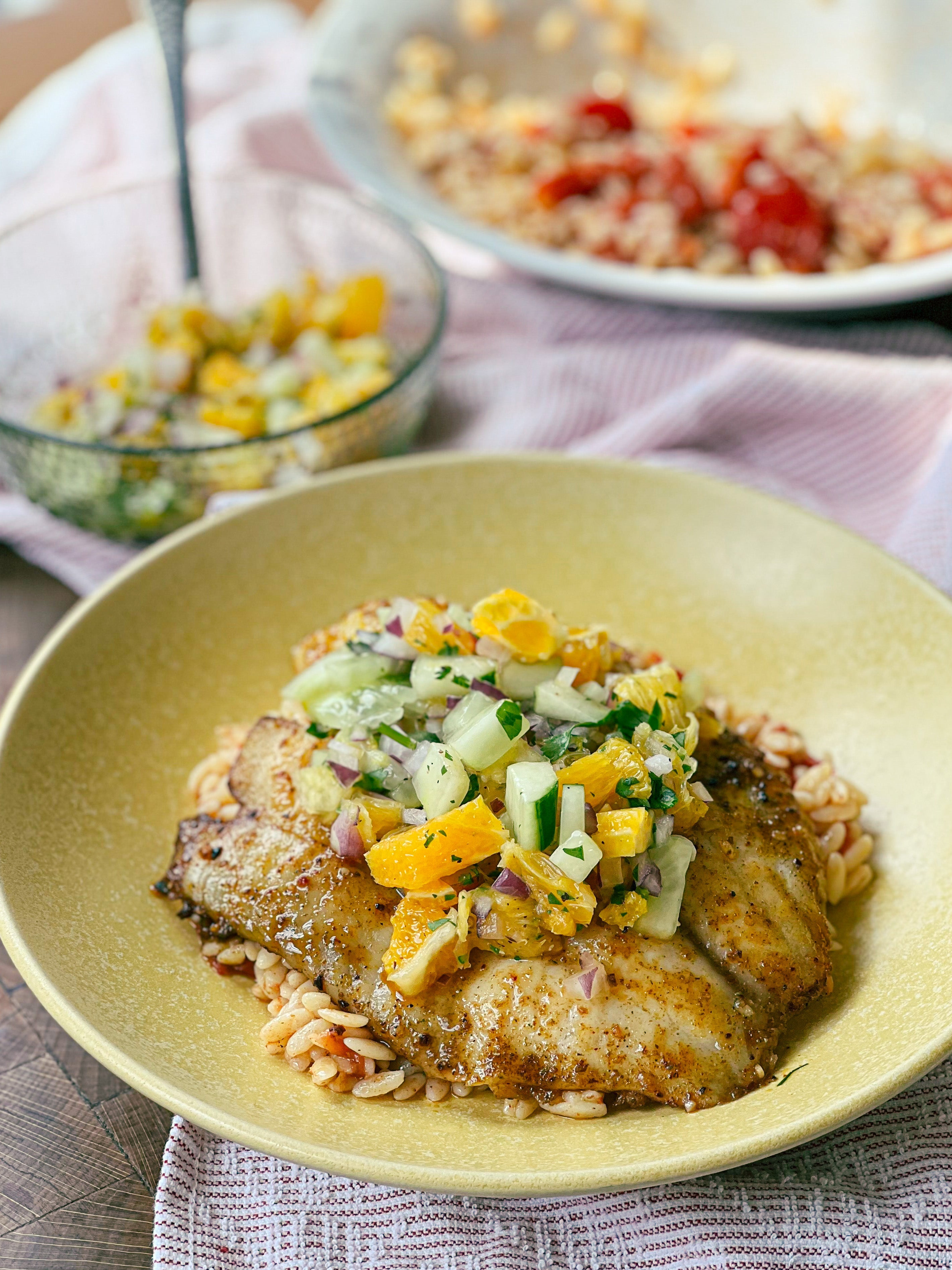 Tilapia with Orange-Cucumber Salsa & Orzo