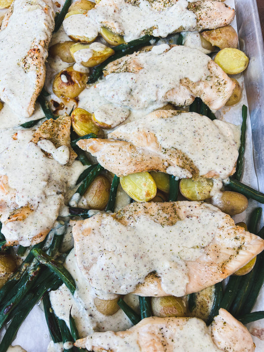 Sheet Pan Chicken and Potatoes with Creamy Dijon Sauce