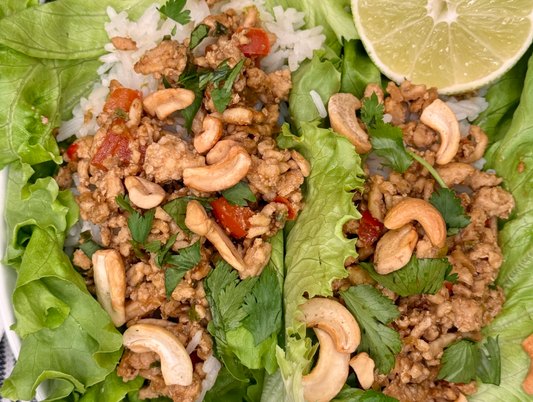 Asian Chicken Lettuce Cups  with Coconut Rice & Peanut Sauce