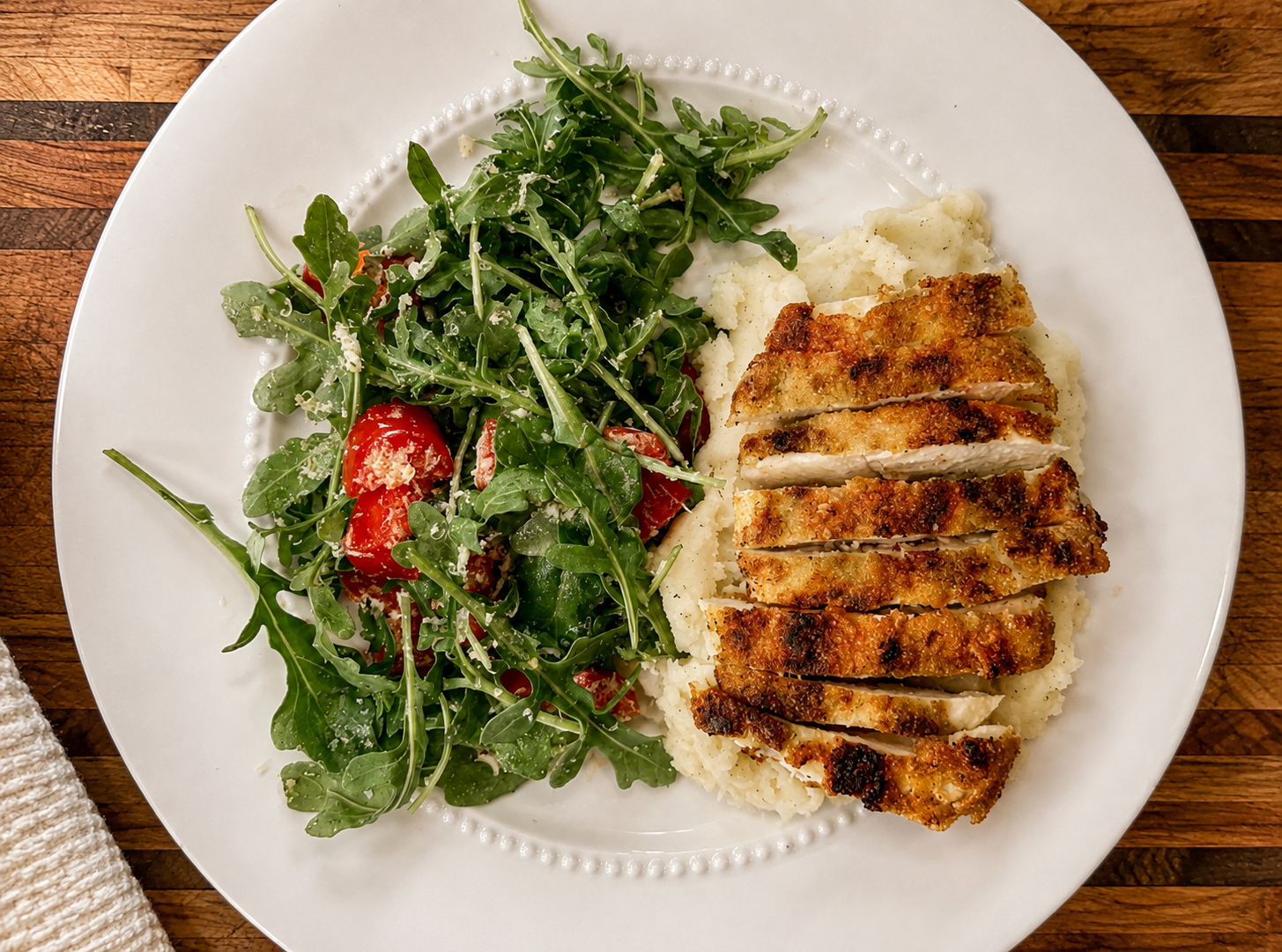 Crispy Chicken Milanese with Ranch Potatoes and Arugula Salad