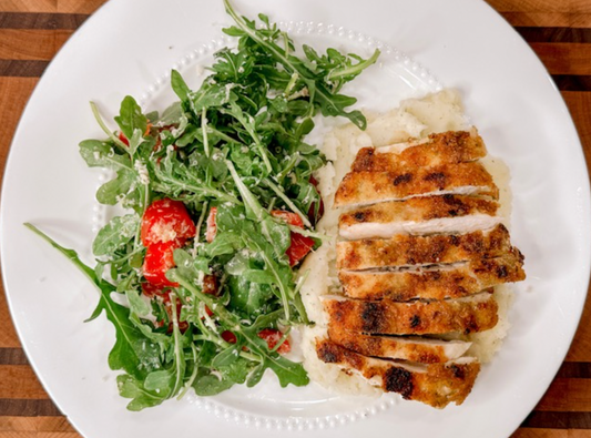 Crispy Chicken Milanese with Ranch Potatoes and Arugula Salad