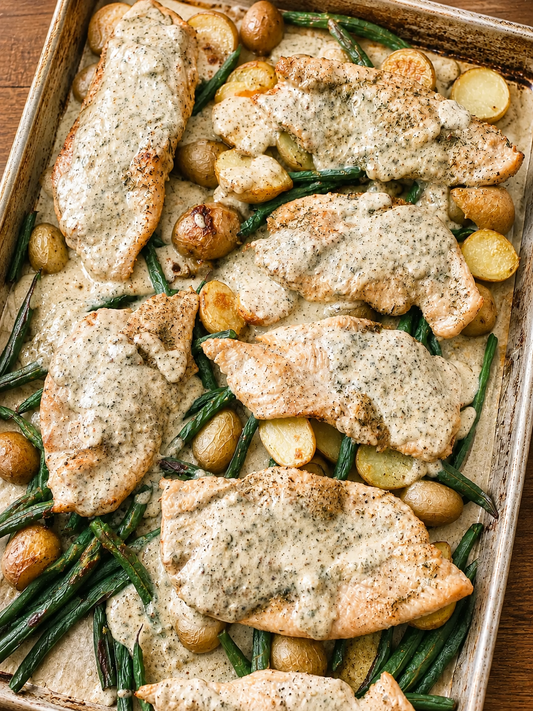 Sheet Pan Chicken and Potatoes with Creamy Dijon Sauce